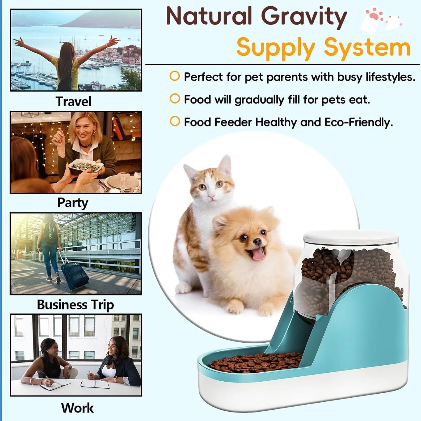 Automatic Dog Food Feeder Gravity Cat Food Dispenser Large Capacity Pet Self Feeding Station Bowl Dish for Small and Medium Dogs Cats,1 Gallon,Blue