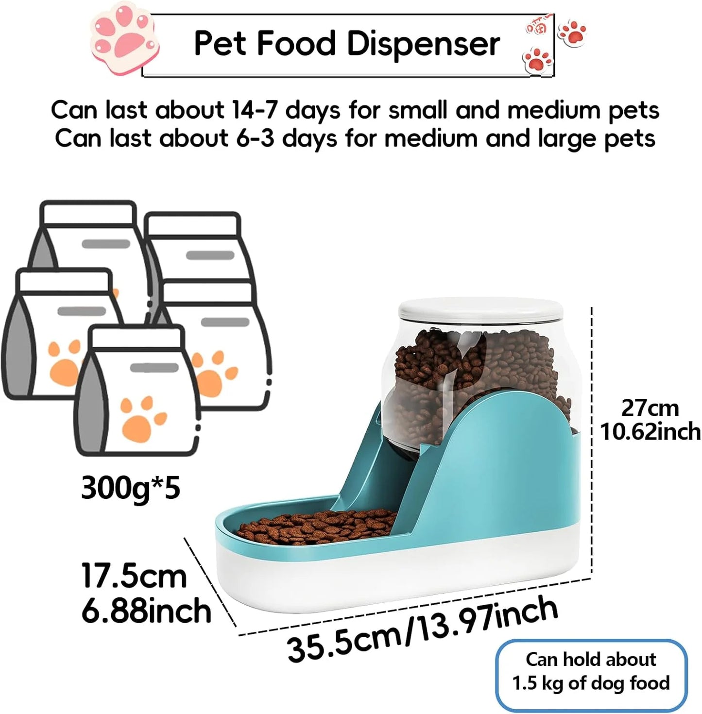 Automatic Dog Food Feeder Gravity Cat Food Dispenser Large Capacity Pet Self Feeding Station Bowl Dish for Small and Medium Dogs Cats,1 Gallon,Blue
