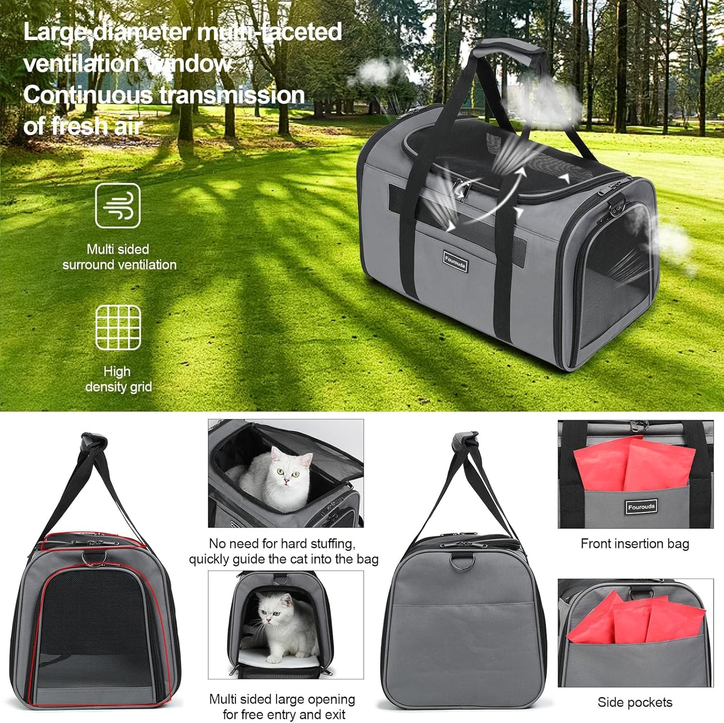 Cat Travel Carrier - Foldable Dog Carrier Bag, Soft Sided Cat Carrier up to 20 Lbs,Pet Carrier Soft-Sided Escape Proof with 4 Ventilated Windows, Airline Approved Travel Puppy Carrier (Grey)