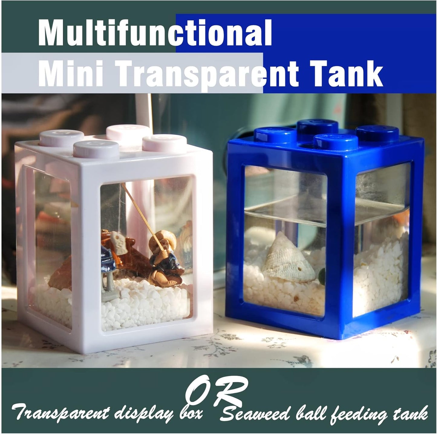 Small Fish Tank, Mini Betta Fish Tank Stackable Cube Tank with Fish Tank Decor, Ant Feeding Case Mini Reptile Row Box (Blue)