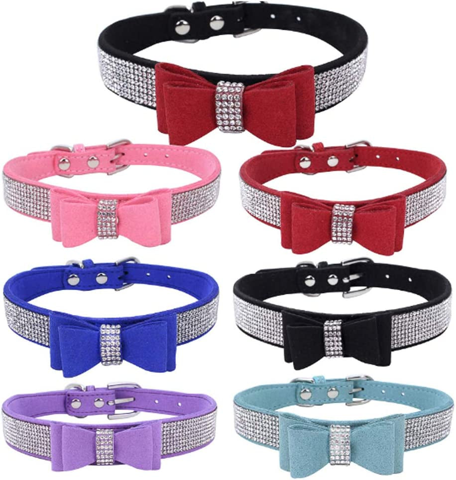 10"-24" Length Cute Pet Dog Velvet Bow Tie Collar Puppy Cat Full Crystal Rhinestone Necklace Adjustable,Dark Blue,Xxs