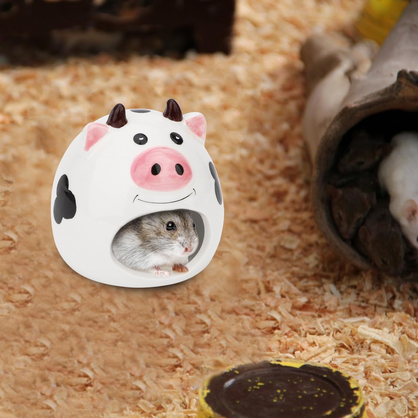 Small Animal Hideout Ceramic House Critter Bath House Cave Mini Hut Cage for Dwarf Hamster (White)