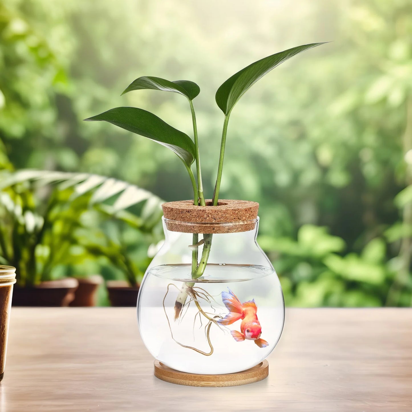 Betta Fish Tank Desktop Fish Bowl Hydroponic Terrarium Glass Small Fish Tank with Bamboo Cushion(5.51X5.12X1.18Inches)