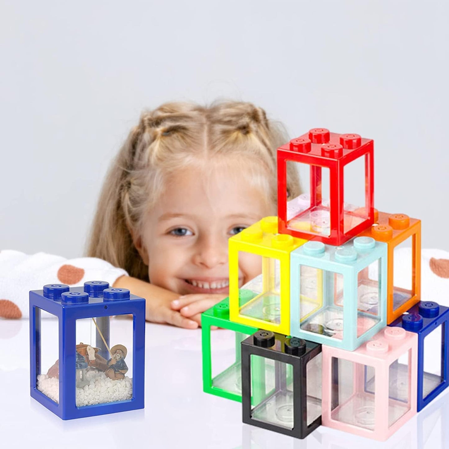 Small Fish Tank, Mini Betta Fish Tank Stackable Cube Tank with Fish Tank Decor, Ant Feeding Case Mini Reptile Row Box (Blue)