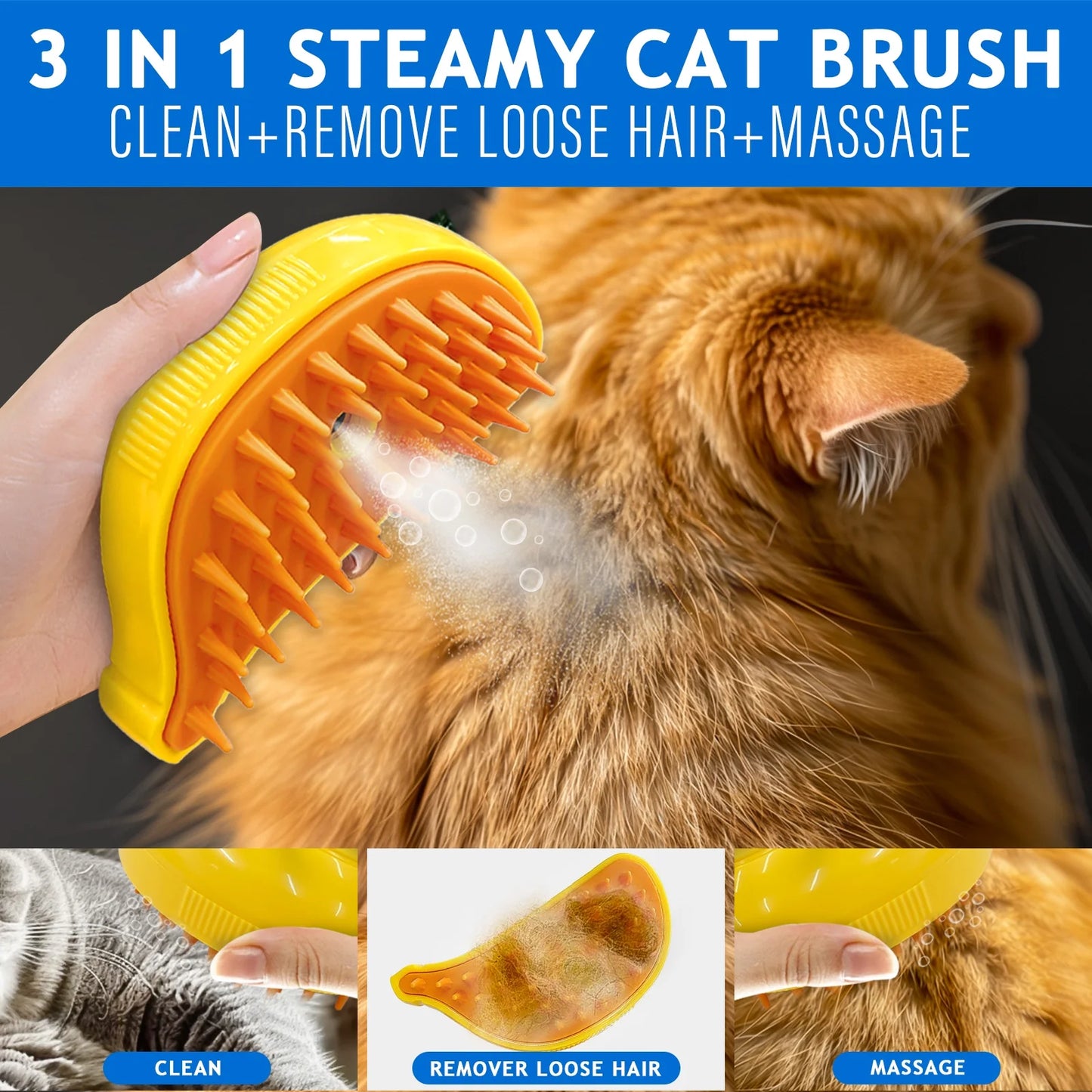 Cat Steam Brush, Pet Hair Removal Tool, Steamy Self-Cleaning Slicker Brushes for Cats & Dogs, Blue