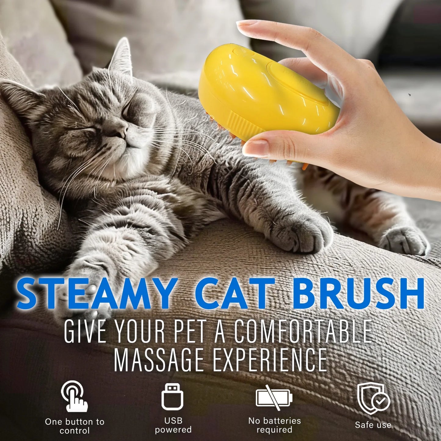 Cat Steam Brush, Pet Hair Removal Tool, Steamy Self-Cleaning Slicker Brushes for Cats & Dogs, Blue