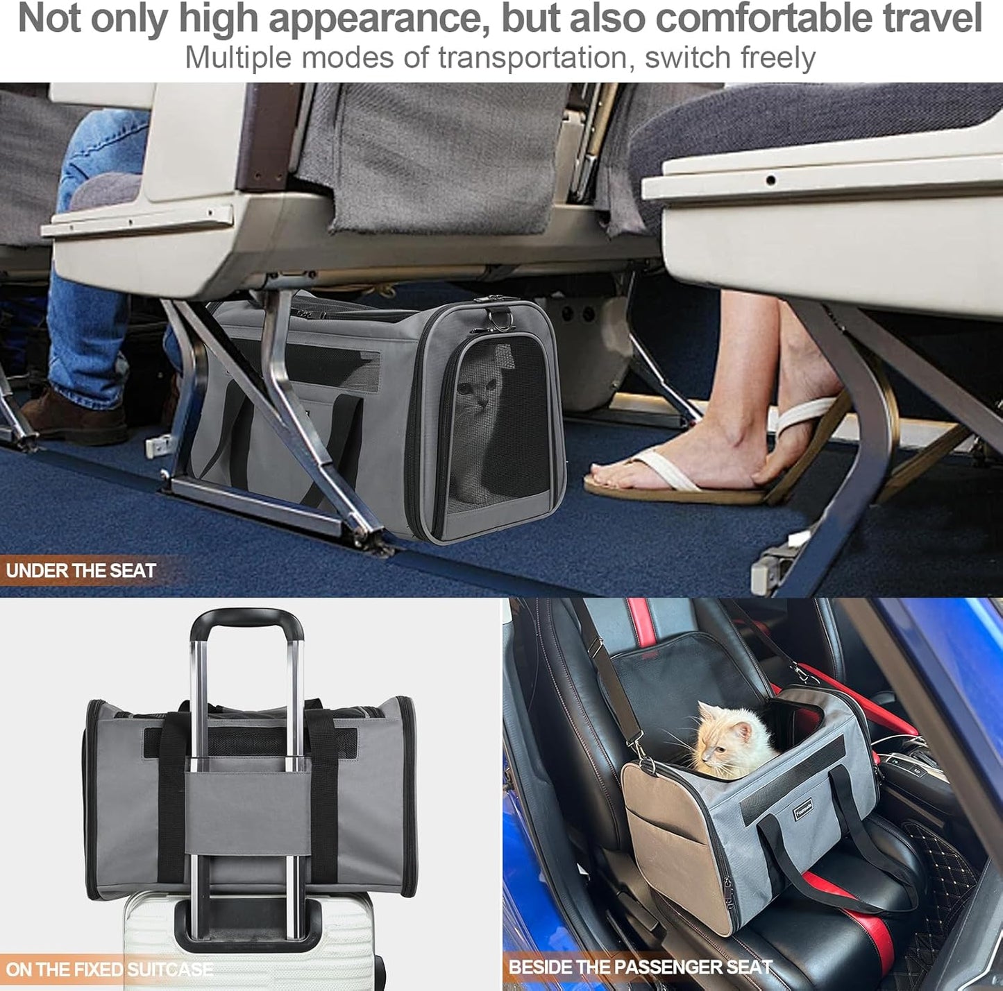 Cat Travel Carrier - Foldable Dog Carrier Bag, Soft Sided Cat Carrier up to 20 Lbs,Pet Carrier Soft-Sided Escape Proof with 4 Ventilated Windows, Airline Approved Travel Puppy Carrier (Grey)