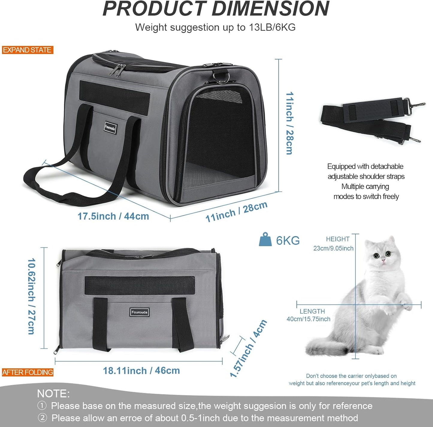 Cat Travel Carrier - Foldable Dog Carrier Bag, Soft Sided Cat Carrier up to 20 Lbs,Pet Carrier Soft-Sided Escape Proof with 4 Ventilated Windows, Airline Approved Travel Puppy Carrier (Grey)