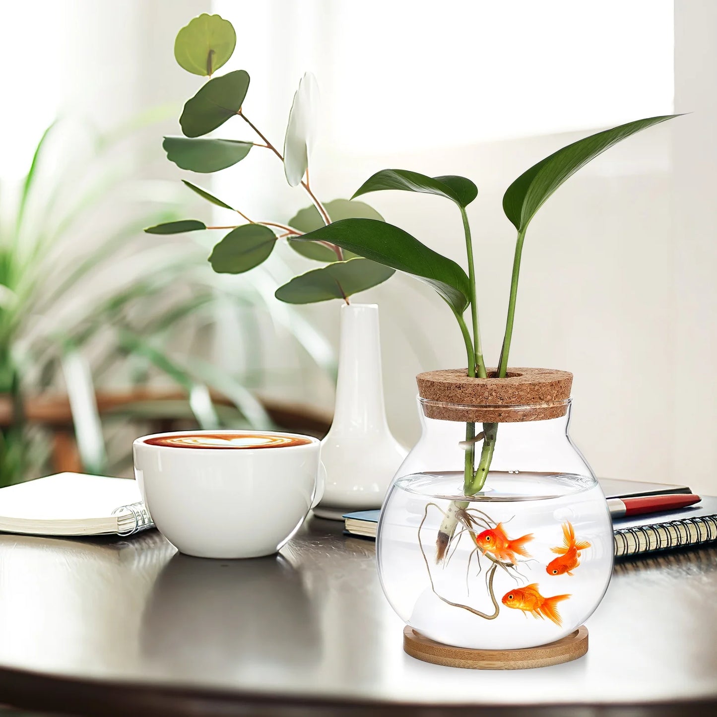 Betta Fish Tank Desktop Fish Bowl Hydroponic Terrarium Glass Small Fish Tank with Bamboo Cushion(5.51X5.12X1.18Inches)
