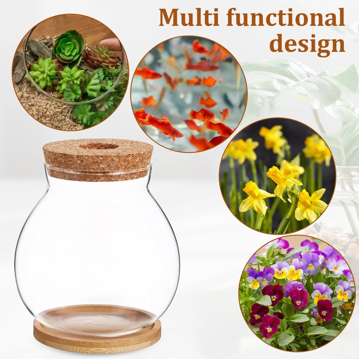 Betta Fish Tank Desktop Fish Bowl Hydroponic Terrarium Glass Small Fish Tank with Bamboo Cushion(5.51X5.12X1.18Inches)