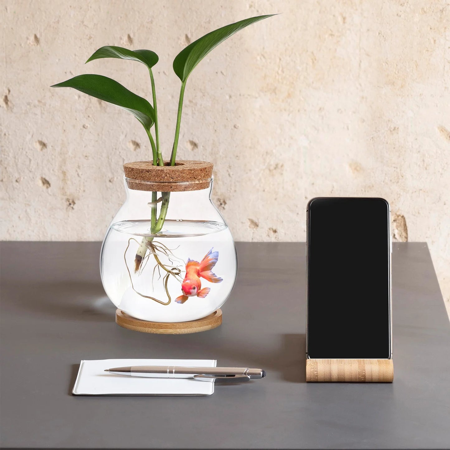 Betta Fish Tank Desktop Fish Bowl Hydroponic Terrarium Glass Small Fish Tank with Bamboo Cushion(5.51X5.12X1.18Inches)