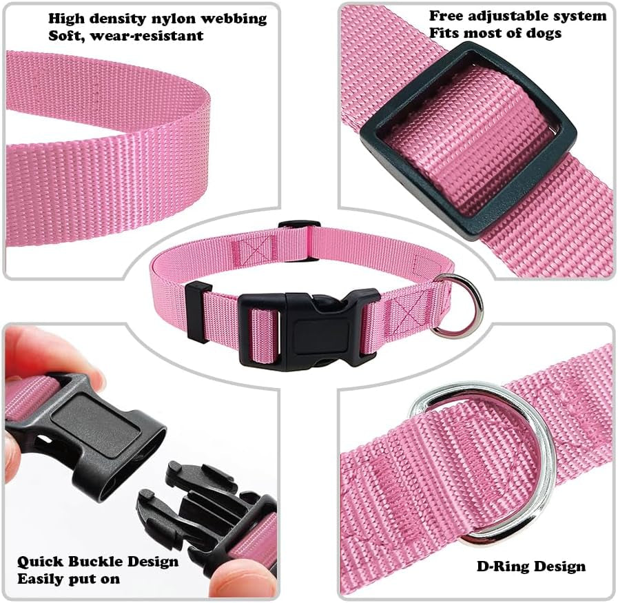 Pink Dog Collar Basic Adjustable Dog Collars for Puppy Small Medium Large Dogs Girls with Breathable Quick Release Nylon Pet Collar