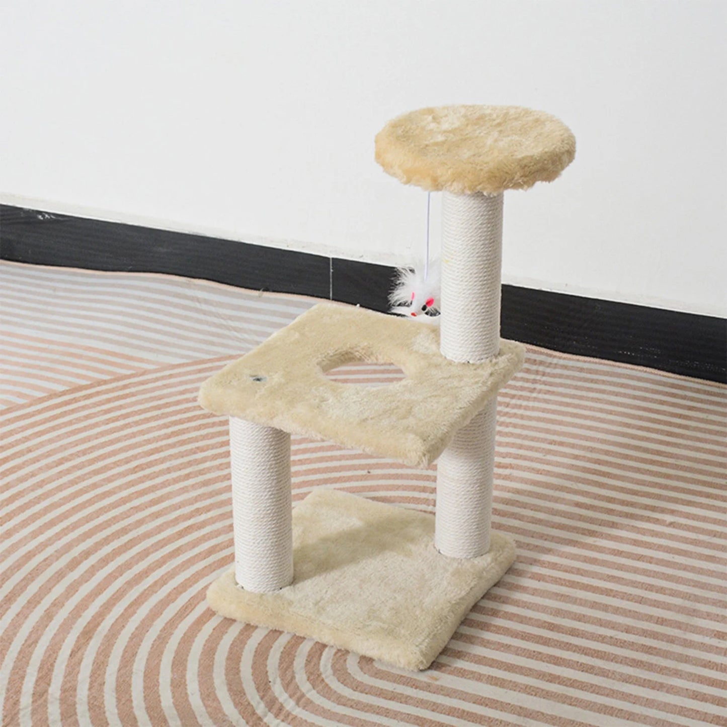 Cat Tree Scratching Post,Small Cat Tower with Perch Bed Scratch for Indoor Cats and Kittens Scratcher.Hanging Ball Bursh Beige