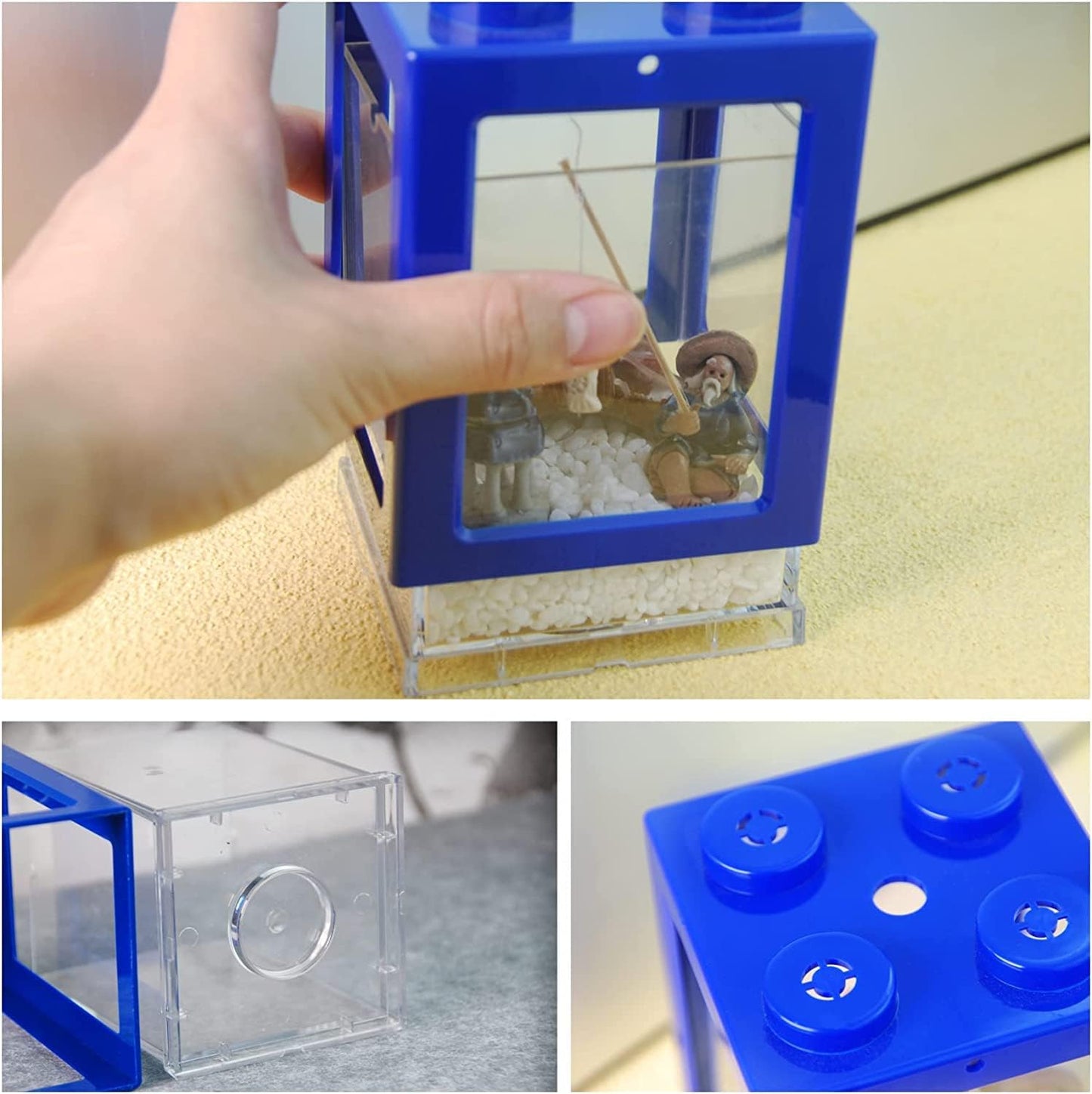 Small Fish Tank, Mini Betta Fish Tank Stackable Cube Tank with Fish Tank Decor, Ant Feeding Case Mini Reptile Row Box (Blue)