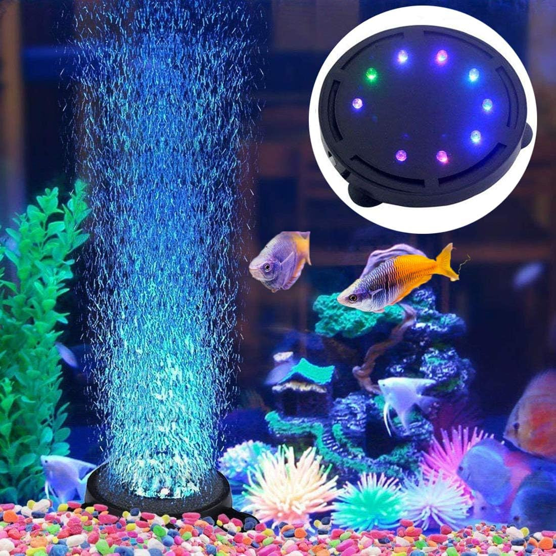 5 Inch 12 LED Aquarium Bubble Light Air Stone, Fish Tank LED Air Bubbler Light Submersible Air Pump Bubble Stone Lamp for Turtle Fish Tank Decoration