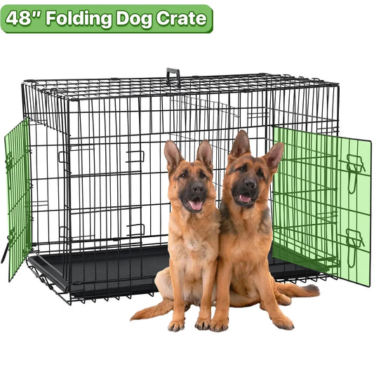 48 Inch Dog Crate Folding XXL Large Dog Cage Dog Kennels and Crates for Large Dogs Pet Animal Segregation Cage with Divider, Plastic Tray, Double-Door, Handle, Black
