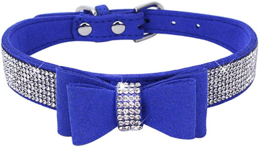 10"-24" Length Cute Pet Dog Velvet Bow Tie Collar Puppy Cat Full Crystal Rhinestone Necklace Adjustable,Dark Blue,Xxs
