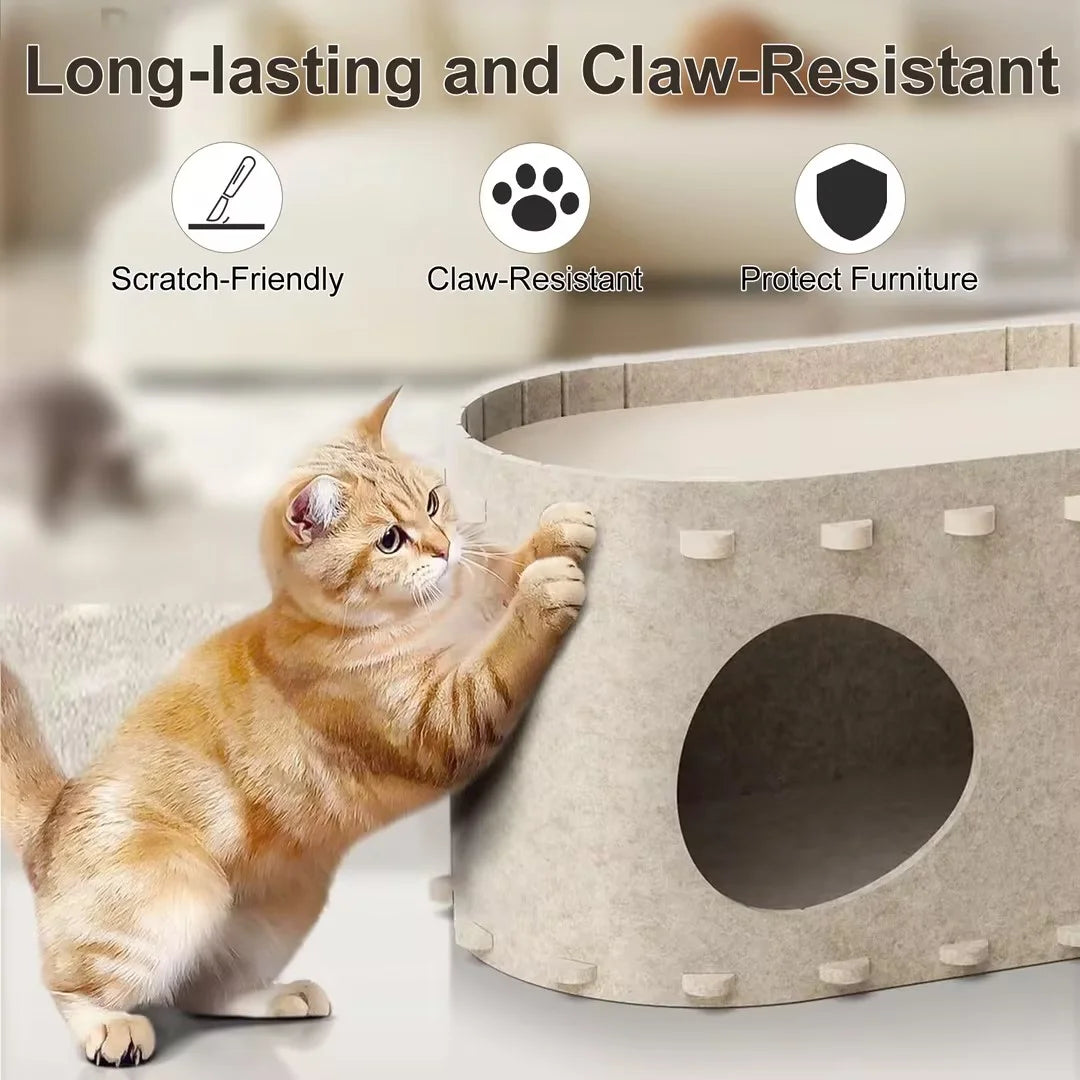 OMCPET Cat Houses for Indoor Pets - Scratch Resistant Felt Kitten Hideaway Bed, Large Cat Bed Cave for 22 LB Cat, 2-In-1 Cat Scratcher House, Foldable Cat Feline Tunnel, 22.8 Inches
