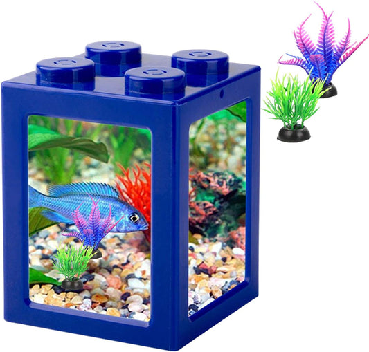 Small Fish Tank, Mini Betta Fish Tank Stackable Cube Tank with Fish Tank Decor, Ant Feeding Case Mini Reptile Row Box (Blue)