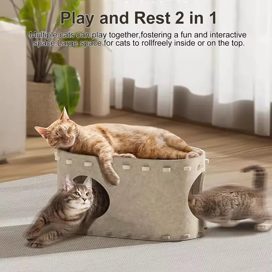OMCPET Cat Houses for Indoor Pets - Scratch Resistant Felt Kitten Hideaway Bed, Large Cat Bed Cave for 22 LB Cat, 2-In-1 Cat Scratcher House, Foldable Cat Feline Tunnel, 22.8 Inches
