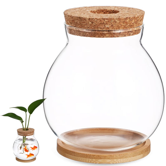 Betta Fish Tank Desktop Fish Bowl Hydroponic Terrarium Glass Small Fish Tank with Bamboo Cushion(5.51X5.12X1.18Inches)