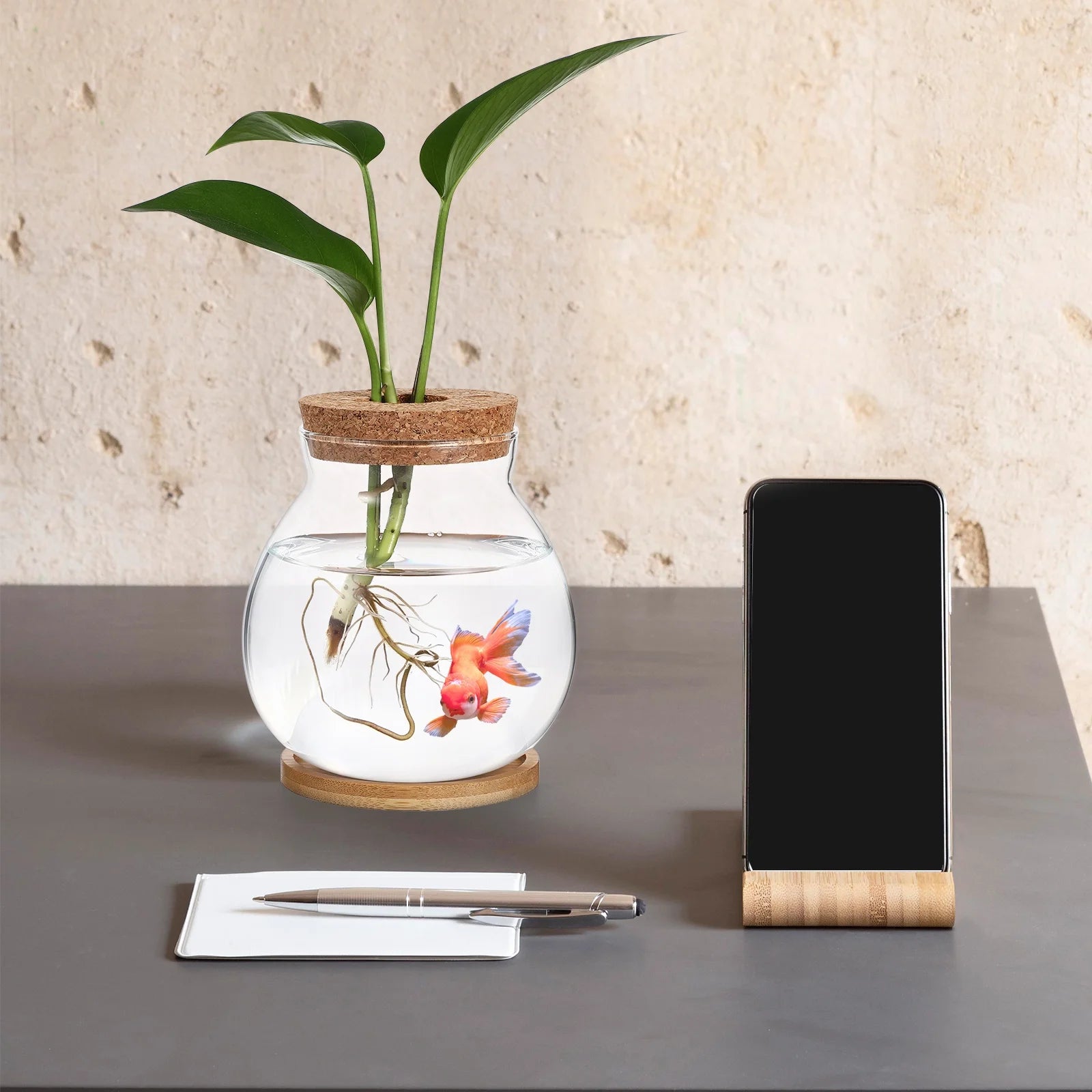 Betta Fish Tank Desktop Fish Bowl Hydroponic Terrarium Glass Small Fish Tank with Bamboo Cushion(5.51X5.12X1.18Inches)