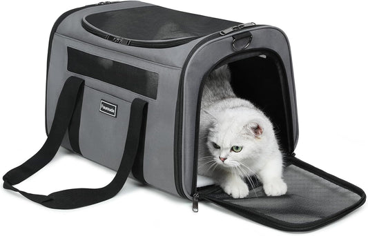 Cat Travel Carrier - Foldable Dog Carrier Bag, Soft Sided Cat Carrier up to 20 Lbs,Pet Carrier Soft-Sided Escape Proof with 4 Ventilated Windows, Airline Approved Travel Puppy Carrier (Grey)